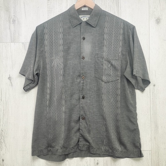 Bamboo Cay Other - Bamboo Cay Silk Shirt‎ Mens M Olive Green Embroidered Resort Camp Hawaiian Beach